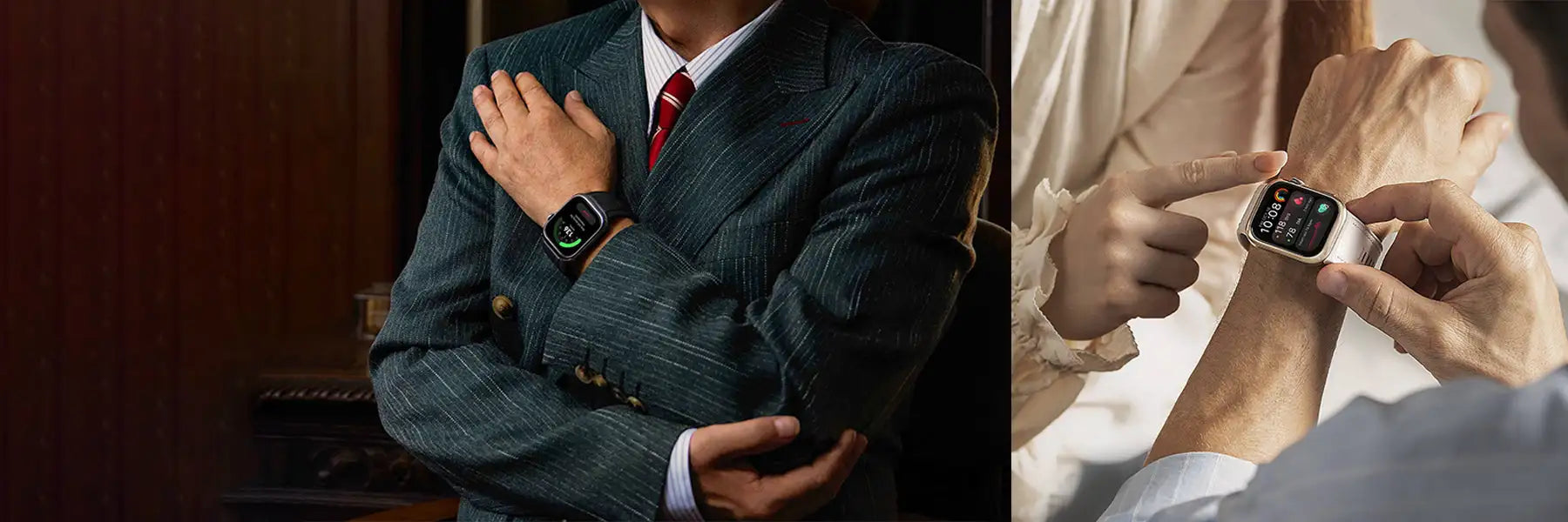 Black leather apple watch with silver hardware and a modern design.